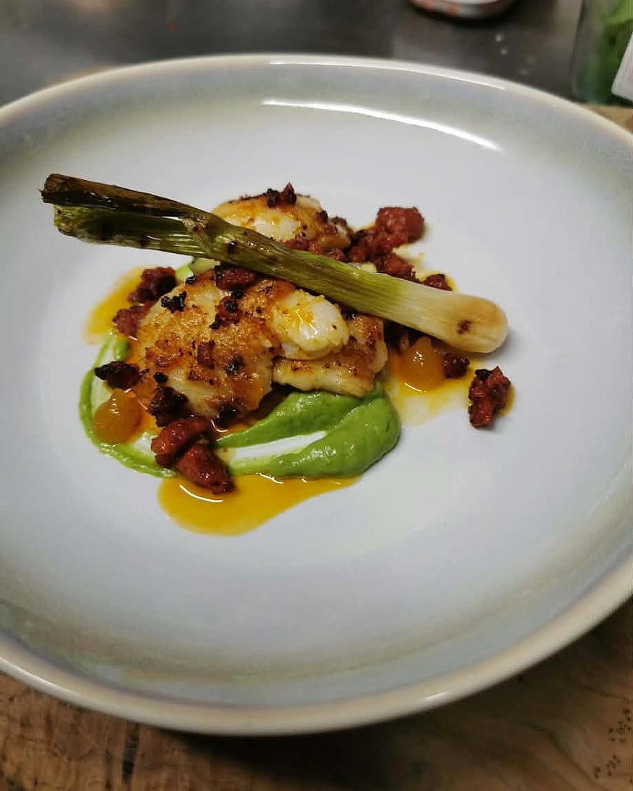 Pan-fried monkfish, chorizo, charred leek, pea