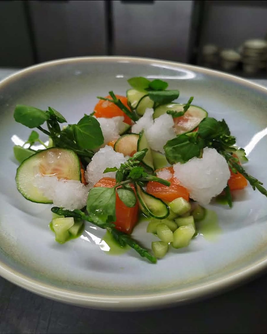 Cured sewin, cucumber, watercress, cider granita